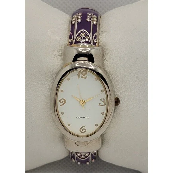 Women's Classic Oval Silver Tone White Dial Purple Cuff Bracelet Watch 01 - Picture 1 of 8